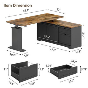 L-Shaped Electric Standing Desk with Storage Cabinet & File Drawer