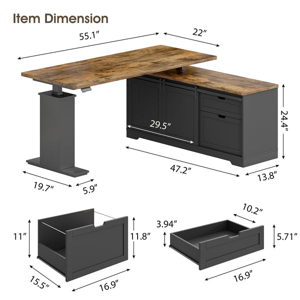 L-Shaped Electric Standing Desk with Storage Cabinet & File Drawer