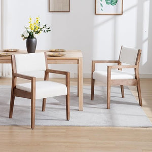Upholstered Dining Chairs with Arms – Beige Linen & Natural Wood