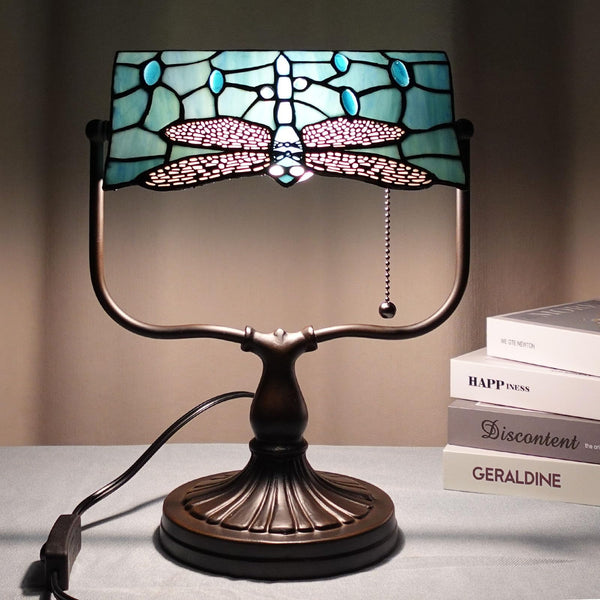Dragonfly Tiffany Banker Desk Lamp – Stained Glass Green Shade