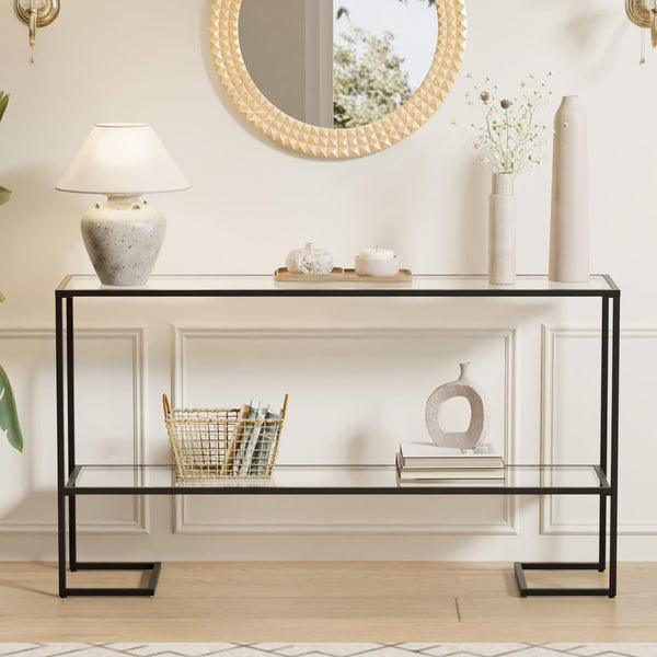 52" 2-Tier Console Table with Tempered Glass Shelves & Metal Frame