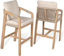 Acacia Wood Outdoor Bar Stools with Cushions & Armrests (Set of 2)