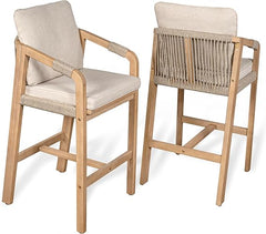 Acacia Wood Outdoor Bar Stools with Cushions & Armrests (Set of 2)