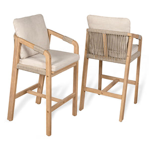 Acacia Wood Outdoor Bar Stools with Cushions & Armrests (Set of 2)