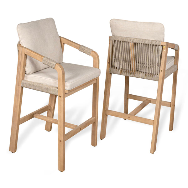 Acacia Wood Outdoor Bar Stools with Cushions & Armrests (Set of 2)