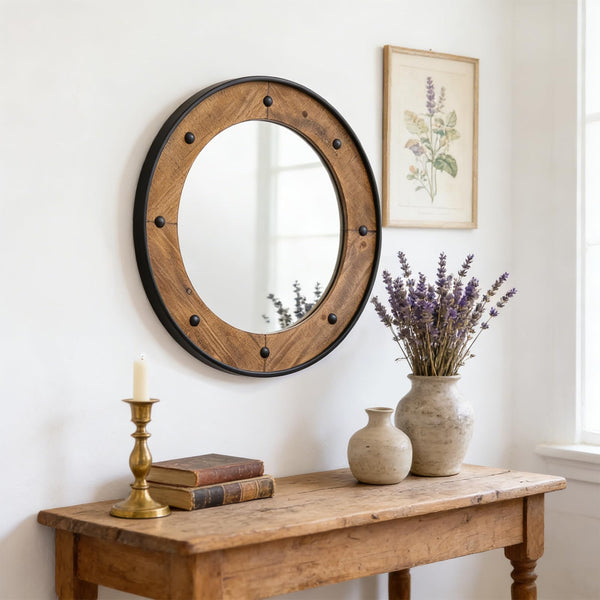 Round Wood Wall Mirror with Black Metal Frame