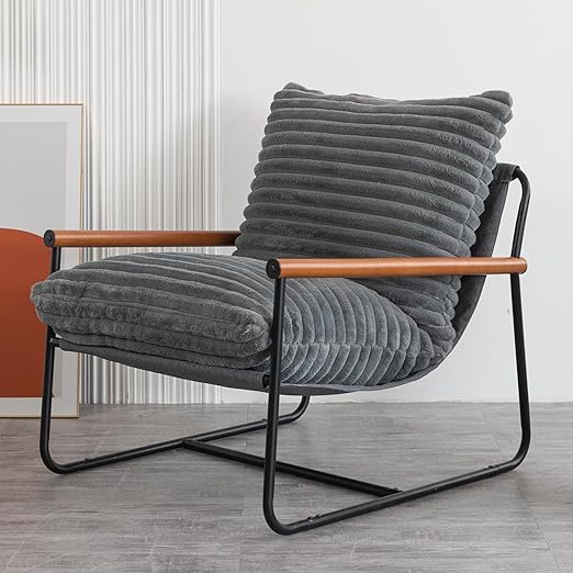 Fluffy Accent Chair with Wooden Arms & Metal Frame
