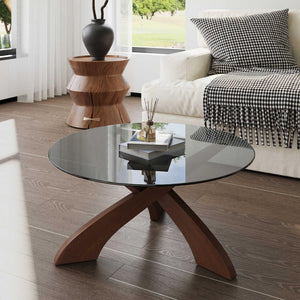 30.7" Round Glass Coffee Table with Walnut Wood X-Base