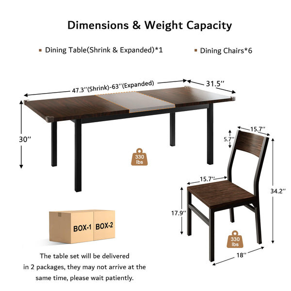 7-Piece Extendable Dining Table Set with 6 Chairs