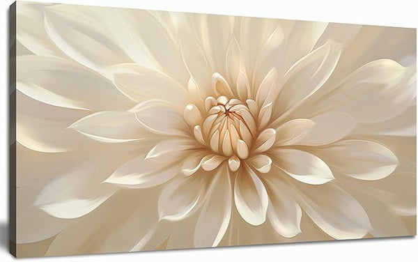 Large Floral Canvas Wall Art – White Gold Botanical Print