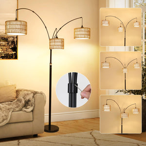 3-Light Dimmable Arc Floor Lamp with Rattan & Fabric Shades