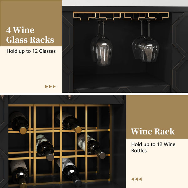 Modern Bar Cabinet with Drawer, Wine Glass Racks & Geometric Door