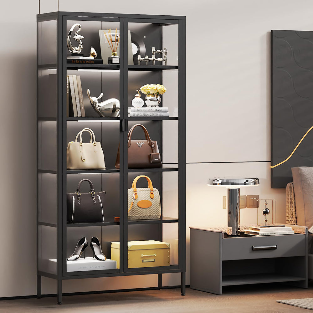Glass Display Cabinet with LED Sensor Light, 5-Tier Curio Cabinet with Adjustable Shelves