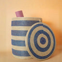 Navy Stripe Wicker Storage Basket with Lid and Handles