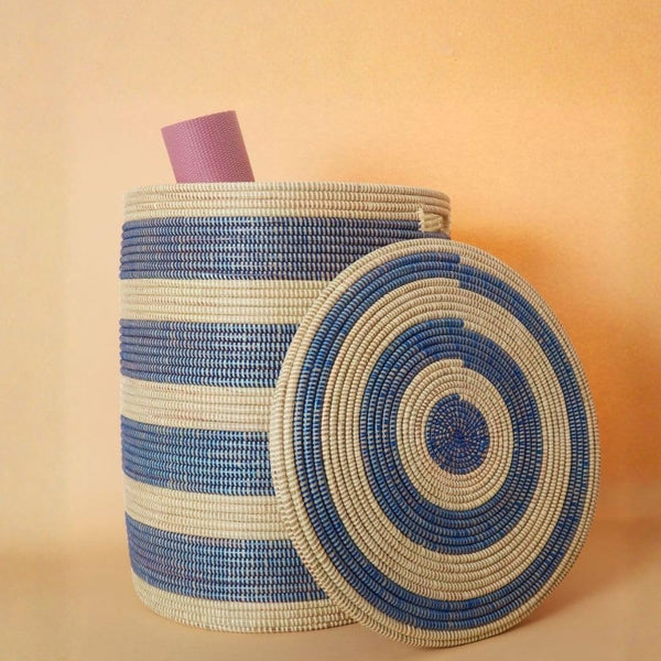 Navy Stripe Wicker Storage Basket with Lid and Handles