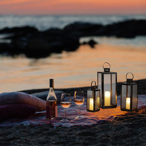 Black Glass & Stainless Steel Candle Lantern Set of 3