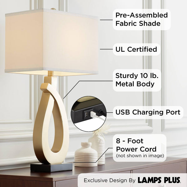 Gold USB Table Lamps Set of 2 with Rectangular Shade