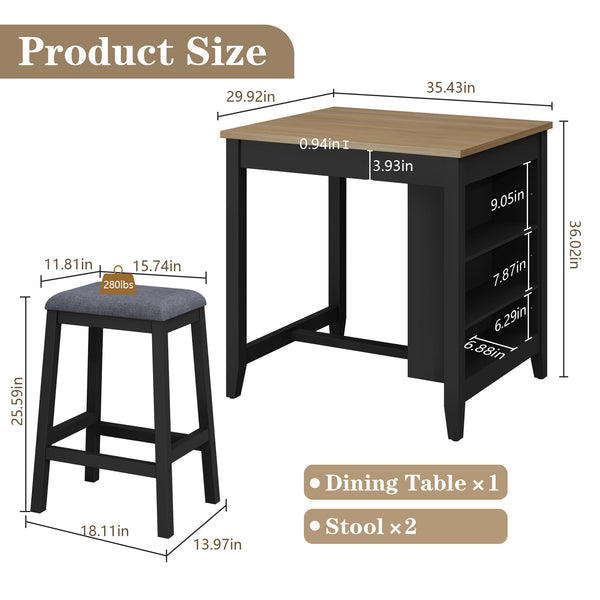 HLR 3-Piece Dining Table Set for 2 Person, Small Farmhouse Kitchen Table with 2 Bar Stools, Wood Dinner Table with Storage Shelves for Dining Room, Apartment, Small Space, Breakfast Nook, Black