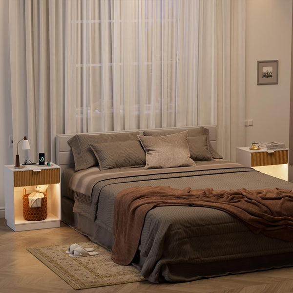 Fluted Nightstand Set of 2 with Charging Station & LED Lights