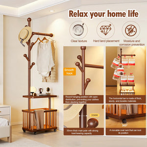 Solid Wood Coat Rack with Storage Baskets and Wheels