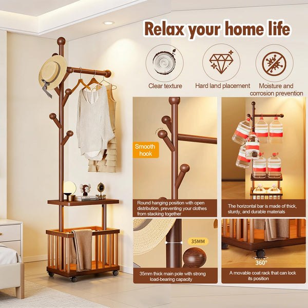 Solid Wood Coat Rack with Storage Baskets and Wheels