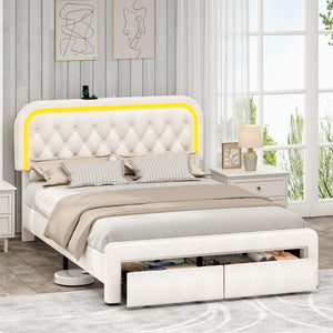 Queen Upholstered Bed Frame with LED Lights & Storage Drawers