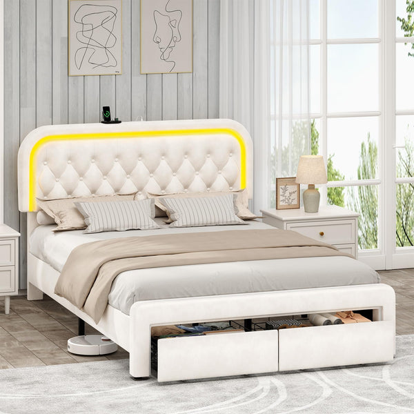 Queen Upholstered Bed Frame with LED Lights & Storage Drawers