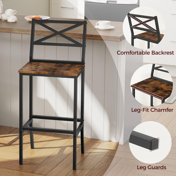 Bar Stools Set of 2 with Backrest and Footrest, 26-Inch Counter Height