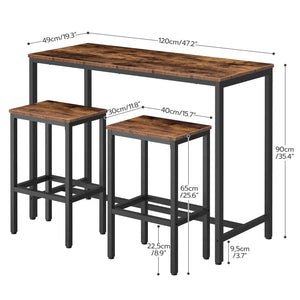 3-Piece Industrial Bar Table Set with 47.2" Pub Table and 2 Stools