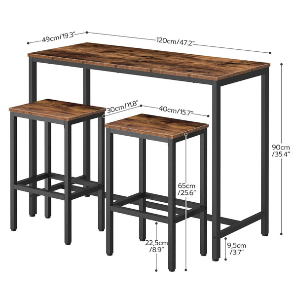 3-Piece Bar Table and Stools Set, 47.2" Rectangular High Top Pub Table