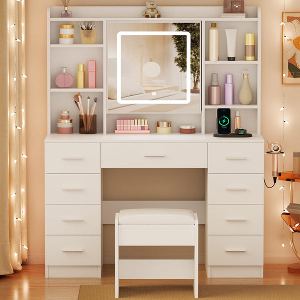 Lighted Makeup Vanity Desk with Mirror, Drawers & Storage