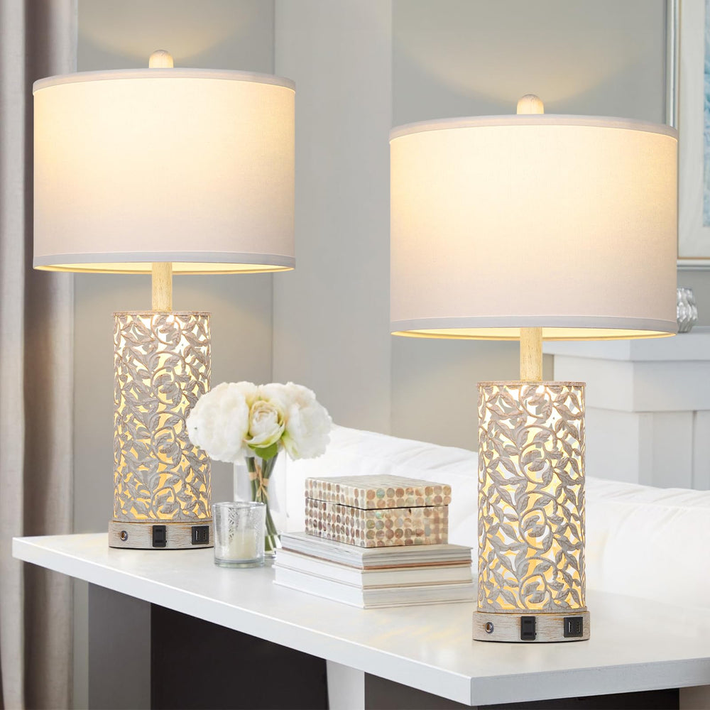 Farmhouse Table Lamp Set of 2 with USB Ports & Nightlight