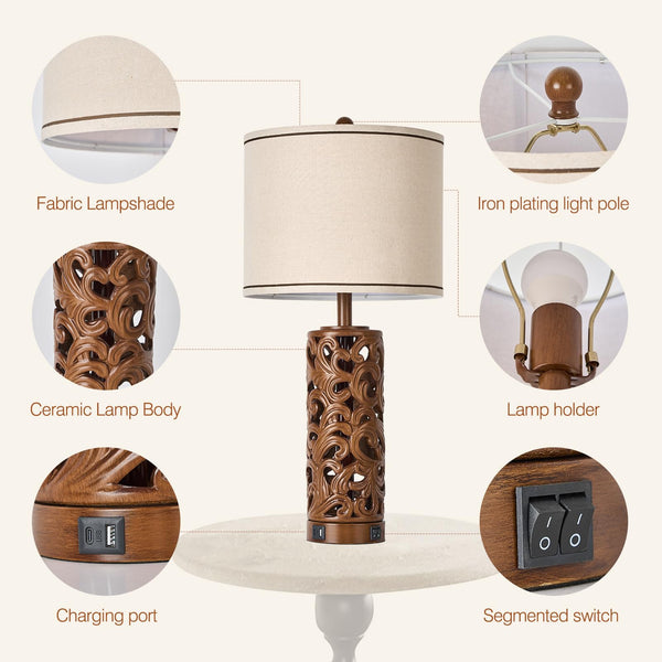 Farmhouse Table Lamps Set of 2 with USB Charging Ports