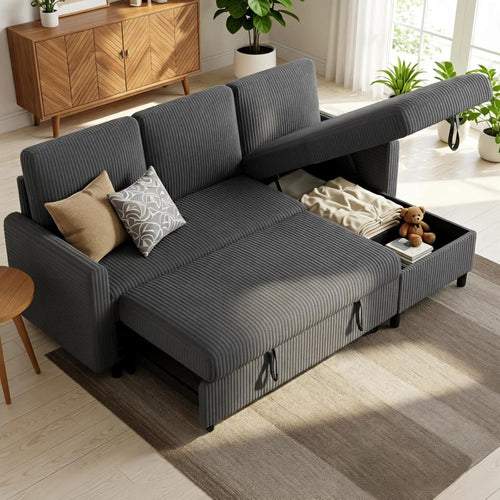 L-Shaped Corduroy Sleeper Sectional Sofa with Storage Chaise