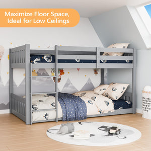 Low Twin Over Twin Bunk Bed with Guardrails & Ladder