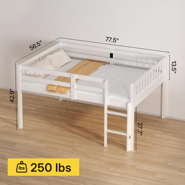 Kids Low Loft Bed Full Size - Solid Wood with LED Lights & USB Ports