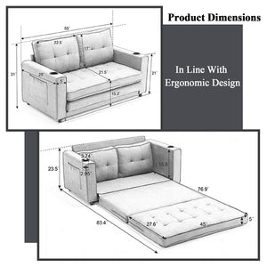 55" Convertible Loveseat Sofa Bed with Side Pockets & Cup Holder