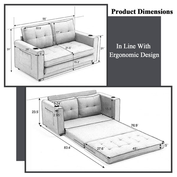 55" Convertible Loveseat Sofa Bed with Side Pockets & Cup Holder