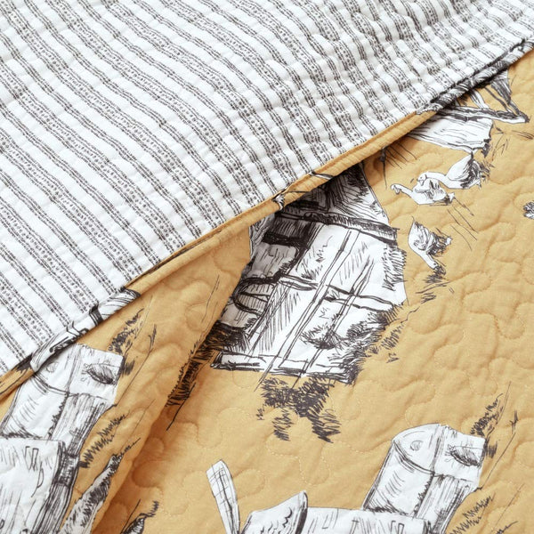 French Country Toile Reversible Cotton Quilt Set — King, Yellow/Gray