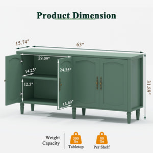 63" Wood Sideboard Buffet Cabinet with Adjustable Shelves – Forest Green