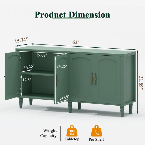 63" Wood Sideboard Buffet Cabinet with Adjustable Shelves – Forest Green