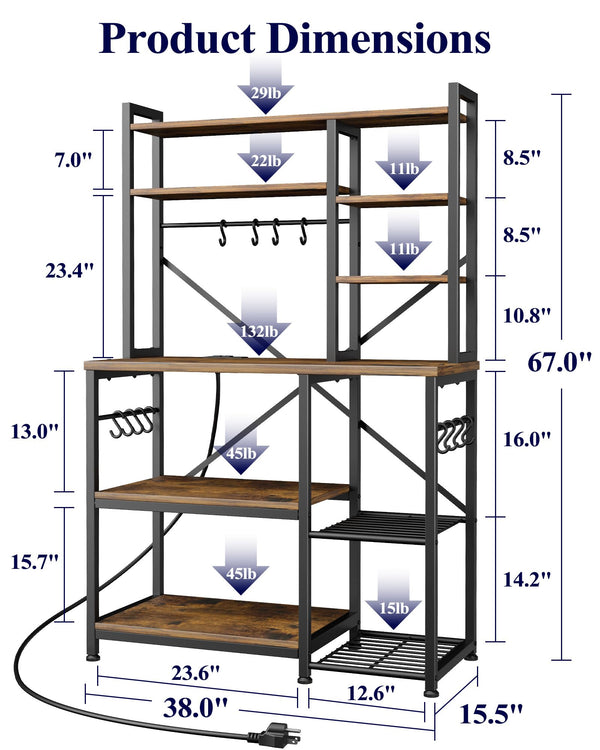 Baker's Rack with Power Outlet 12 Hooks Multi-Shelf Kitchen Storage