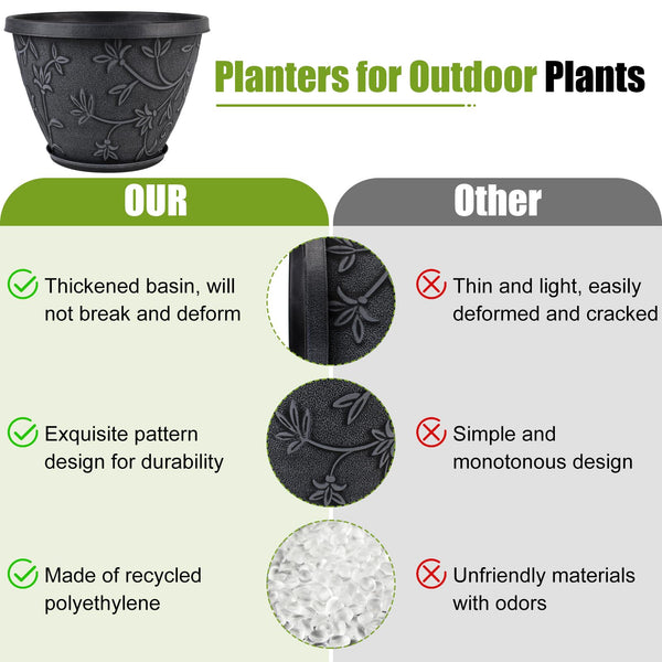 4-Pack Large Plant Pots with Drainage Hole & Saucer — 8/10/12/16 Inch