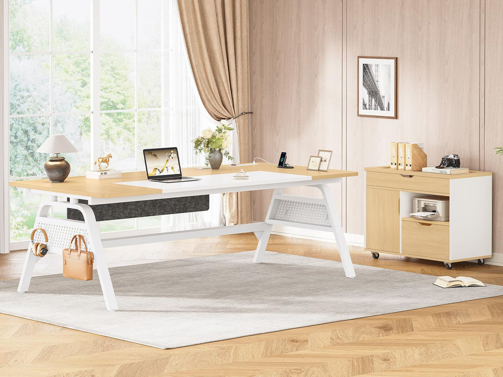 L-Shaped Desk with File Cabinet & Power Outlets