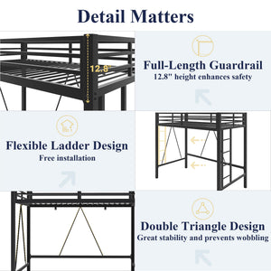 Twin Size Metal Loft Bed with Guardrail & Movable Ladder