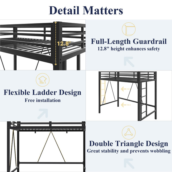 Twin Size Metal Loft Bed with Guardrail & Movable Ladder