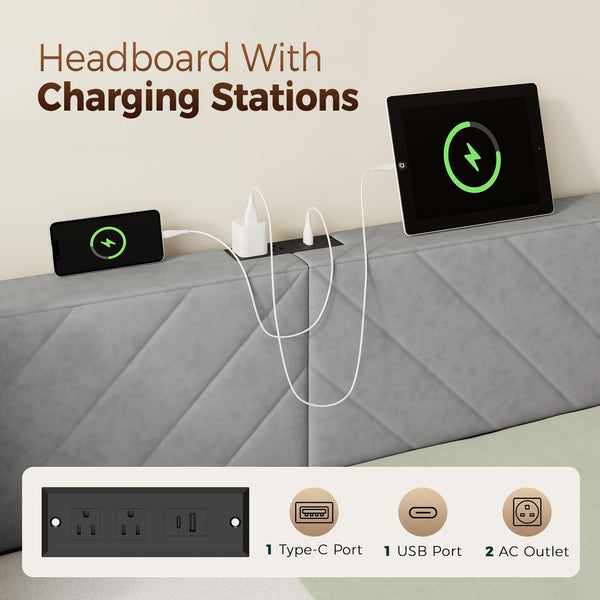 Twin Size Upholstered Daybed with Storage Drawers and Charging Station