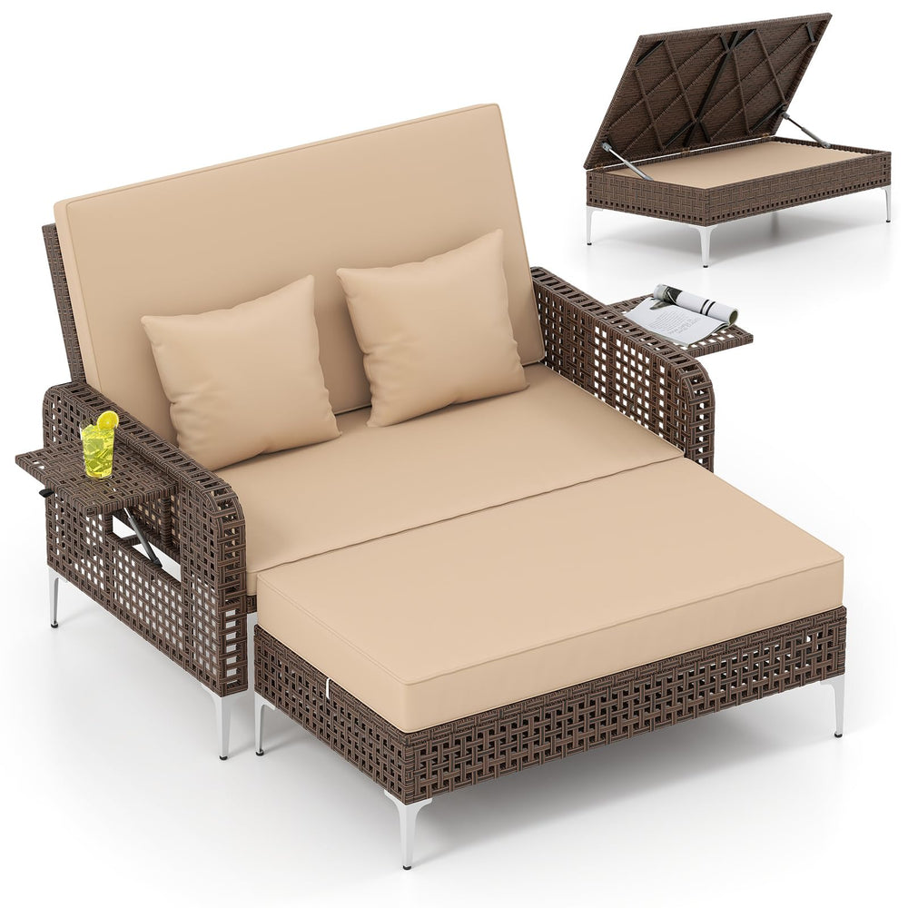 Patio Rattan Daybed with Adjustable Backrest & Storage Ottoman