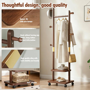 Solid Wood Coat Rack with 2-Tier Shelves, 5 Hooks & Wheels