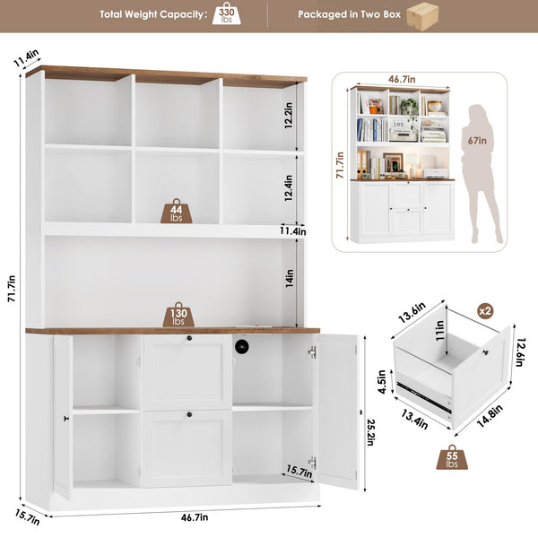 72-Inch Tall Bookcase with Power Outlet, File Drawers & Cabinet Doors